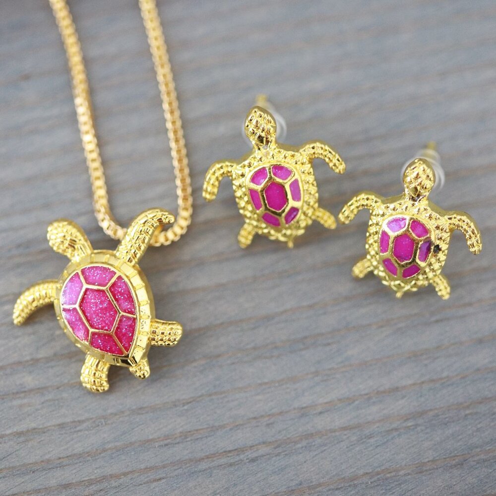 Pink Turtle 18k Gold Plated Jewelry Set Necklace/Earrings